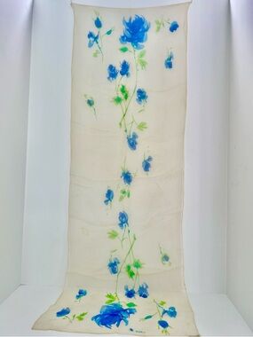 Vintage Vera Neumann Blue & Cream Roses Sheer Floral Oblong Scarf  43” X 14”